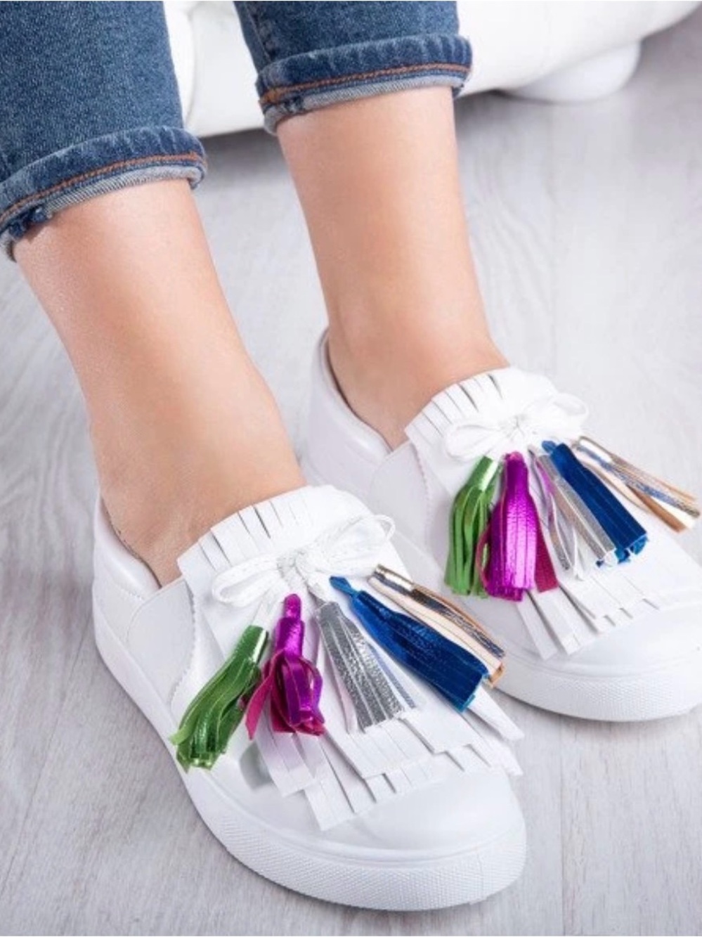 White Slip-On Sneakers with Multicolor Tassel Fringe
